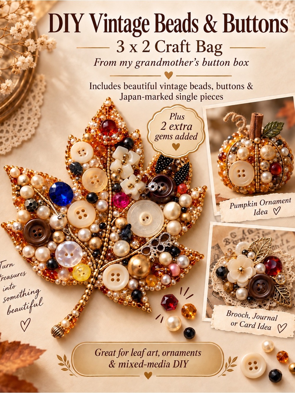 Vintage-Inspired Leaf Brooch DIY Kit — Cream, Gold & Multicolor Accents